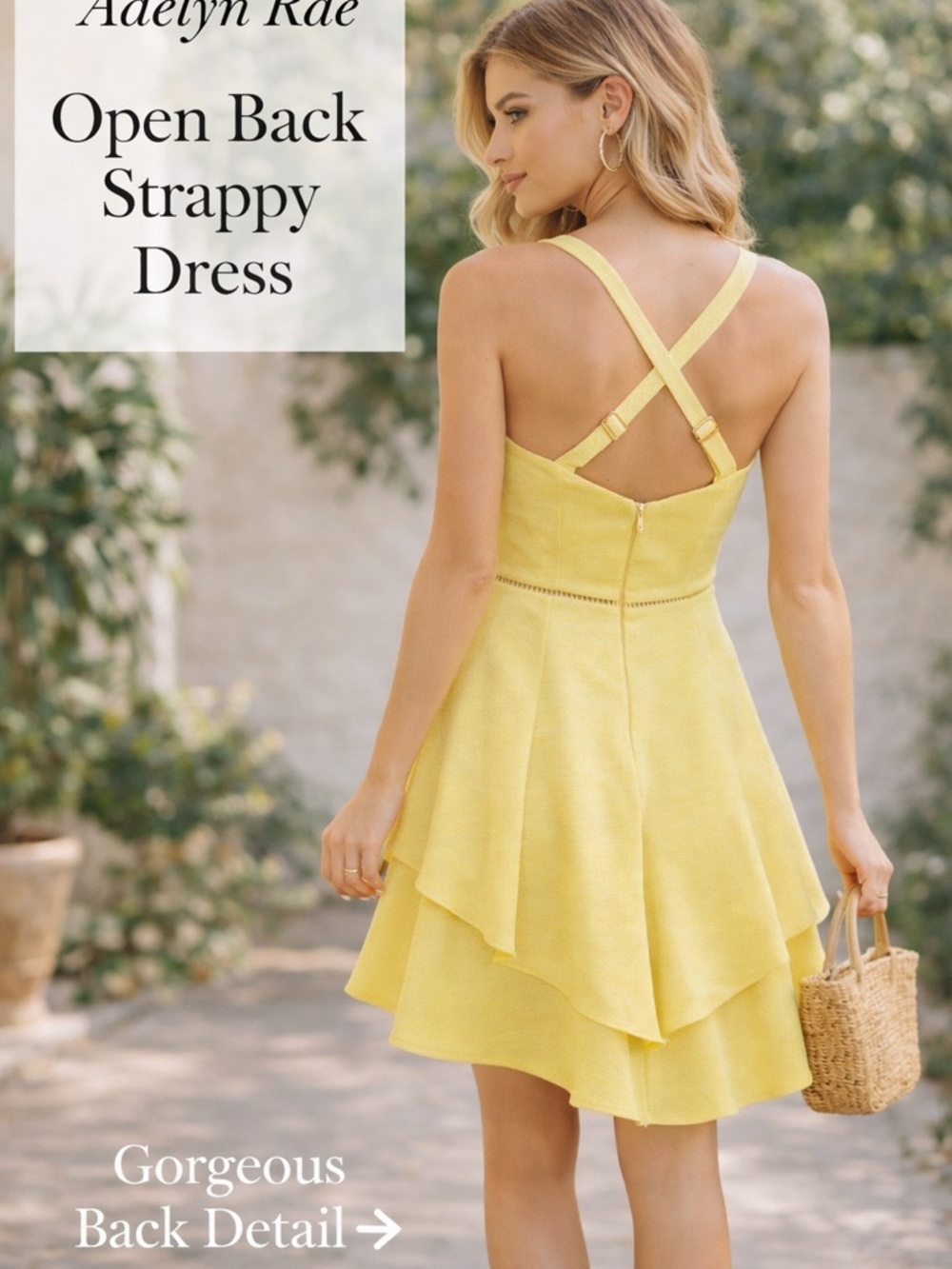 Adelyn Rae Yellow Fit & Flare Dress | Layered Ruffle Skirt | Crisscross Back - Picture 2 of 5